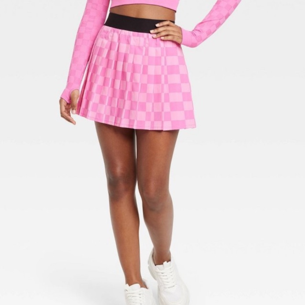 Women's Pleated Tennis Skort Checkered Tonal Plaid Check JoyLab NWT Pink XS S M
